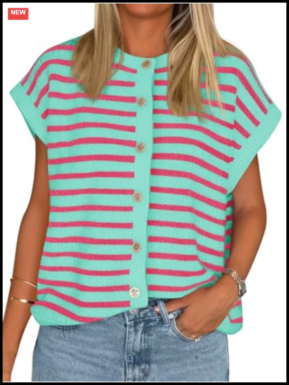 Striped Cap Sleeve Sweater Vest Cardigan Button Down Knit Top